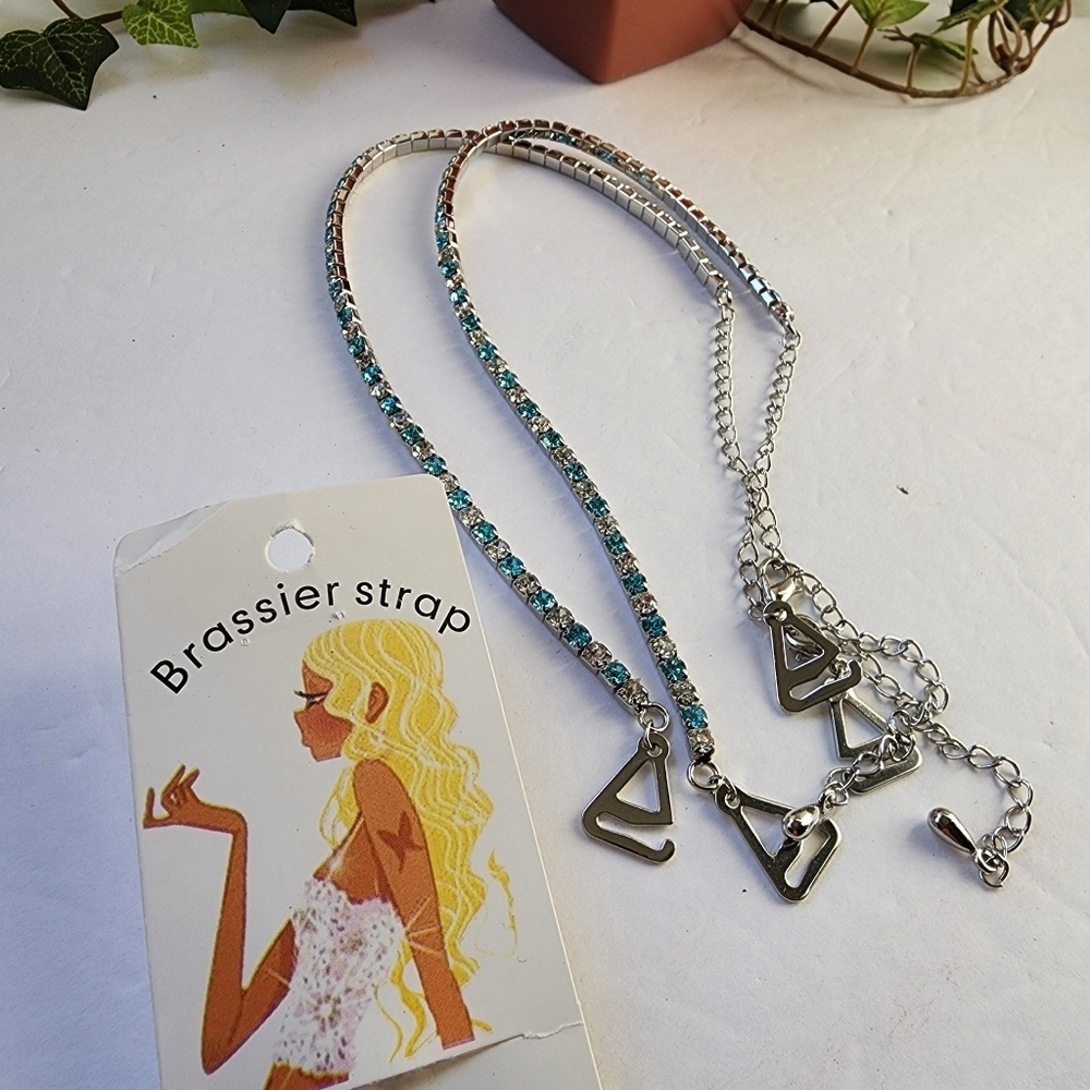 Silver with Turquoise Blue and Clear Crystal Rhinestone Bra Straps New